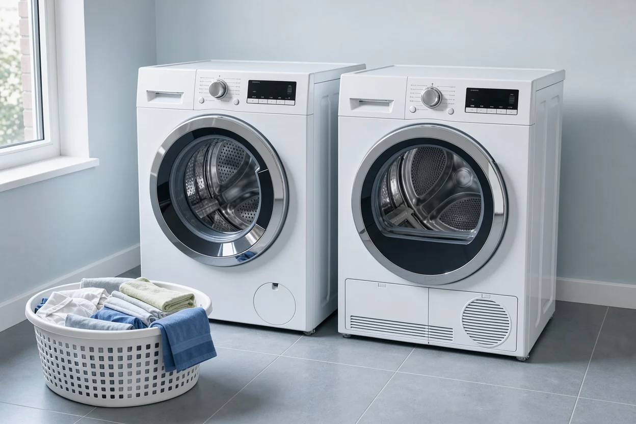 Een wasmachine en losse droger naast elkaar in een wasruimte.